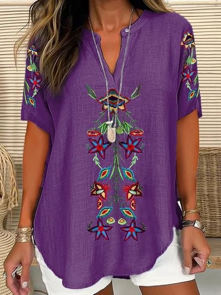 

V Neck Short Sleeve Floral Regular Loose Shirt For Women, Purple, Blouses