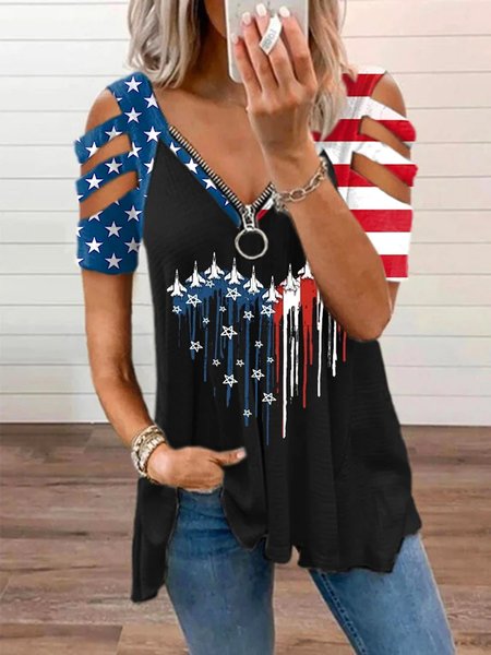 

Women's Short Sleeve Tee T-shirt Summer America Flag Zipper V Neck Daily Going Out Casual Top Black, T-Shirts