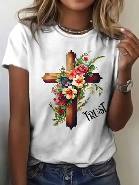 

Casual Floral Crew Neck Short Sleeve T-shirt, White, T-shirts