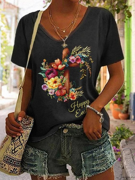 

Casual Floral V Neck Short Sleeve T-shirt, Black, T-shirts