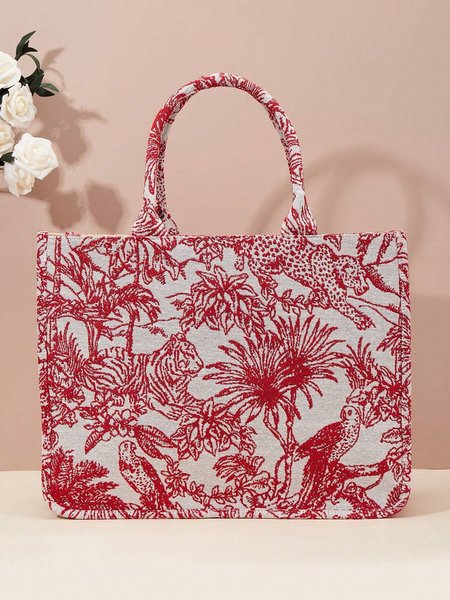 

Casual Random Floral Jacquard Embroidery Large Capacity Tote Bag, Red, Bags