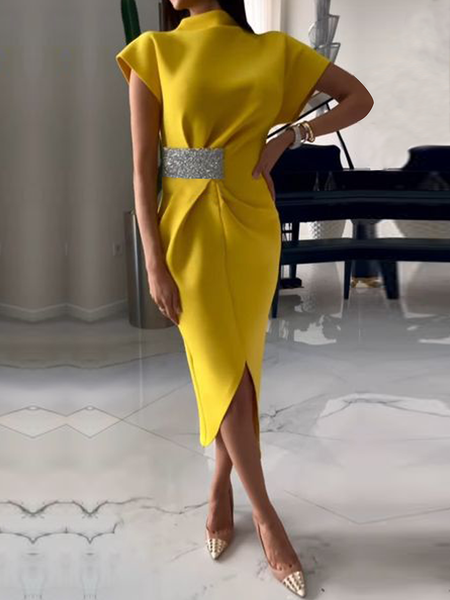 

Elegant Stand Collar Waist Design Midi Dress, Yellow, Midi Dresses