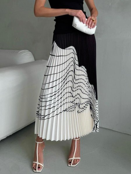 

Color Block High Waist Urban Pleated Skirt, Black-white, Skirts