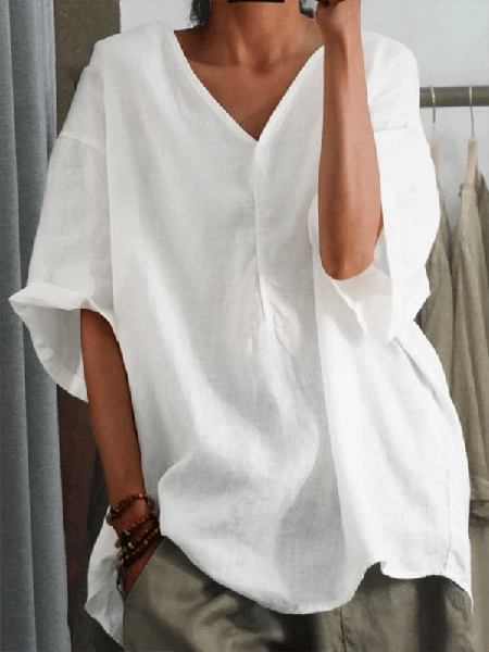 

Women's Half Sleeve Blouse Summer White Plain Cotton And Linen V Neck Daily Going Out Casual Top, Blouses & Shirts