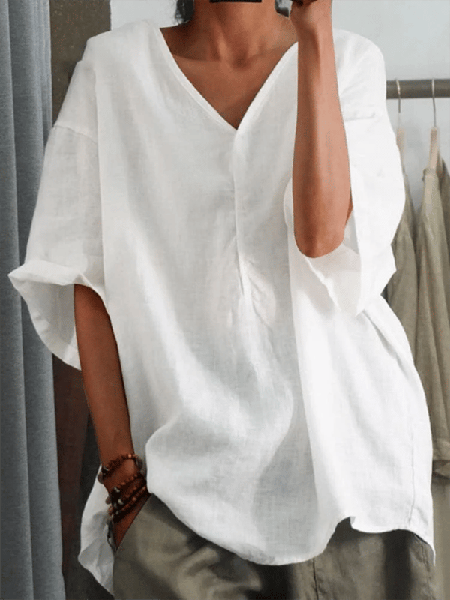 

Women's Half Sleeve Blouse Summer White Plain Cotton And Linen V Neck Daily Going Out Casual Top, Shirts & Blouses