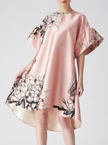 

Elegant Loose Satin Floral Crew Neck Dress, Pink, Mini Dresses