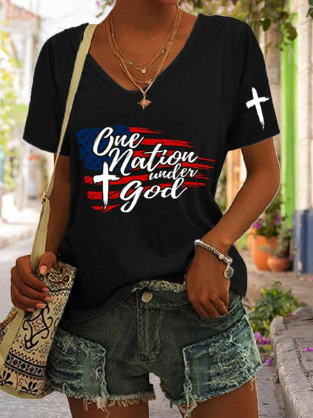 

Casual Text Letters V Neck Short Sleeve T-shirt, Black, T-shirts