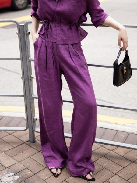 

Casual Plain High Waist Fashion Wide leg Pants, Purple, Pants