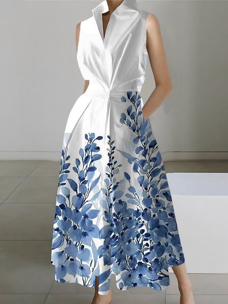 

Floral Urban Shirt Collar Regular Fit Dress, Blue, Midi Dresses