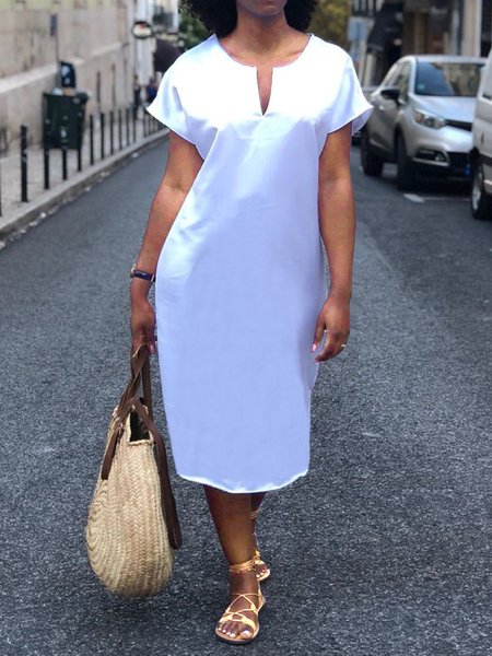 

Loose Casual Plain Short Sleeve Midi Dress, White, Midi Dresses