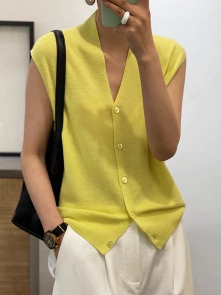

Daily V Neck Buttoned Loose Plain Shirt, Yellow, Blouses and Shirts