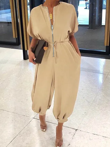 Loose Casual Crew Neck Short Sleeve Plain Jumpsuit, Khaki, Jumpsuits