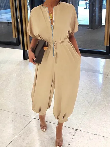 

Loose Casual Crew Neck Short Sleeve Plain Jumpsuit, Khaki, Jumpsuits