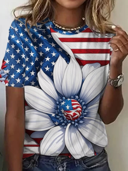 

Casual Floral Crew Neck Short Sleeve T-shirt, Blue, T-shirts