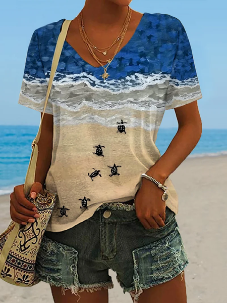 

Casual Beach V Neck Short Sleeve T-shirt, Multicolor, T-shirts
