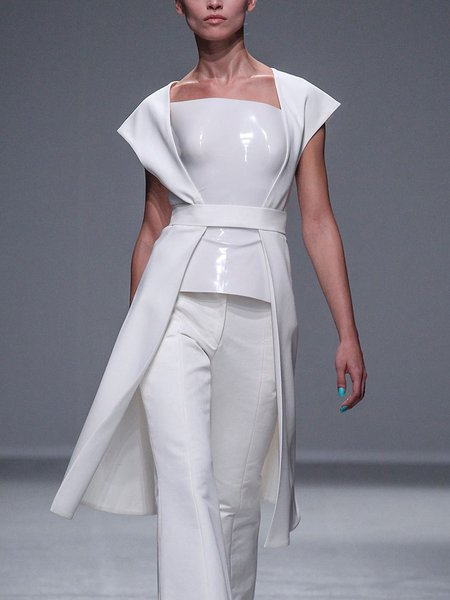 Plain Urban Two-Piece Leather Top, White, Tops