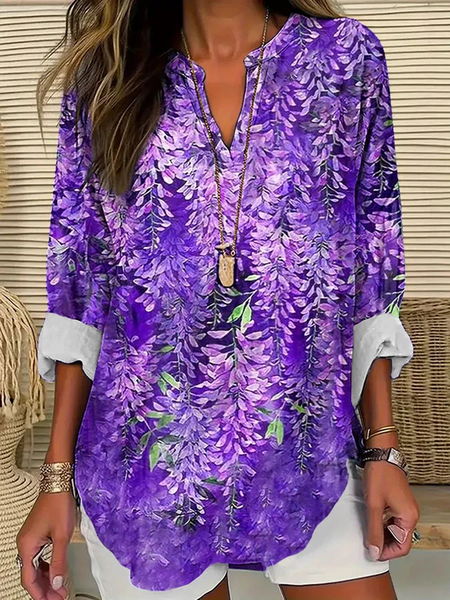 

Notched Long Sleeve Leaf Regular Loose Shirt For Women, Purple, Blouses