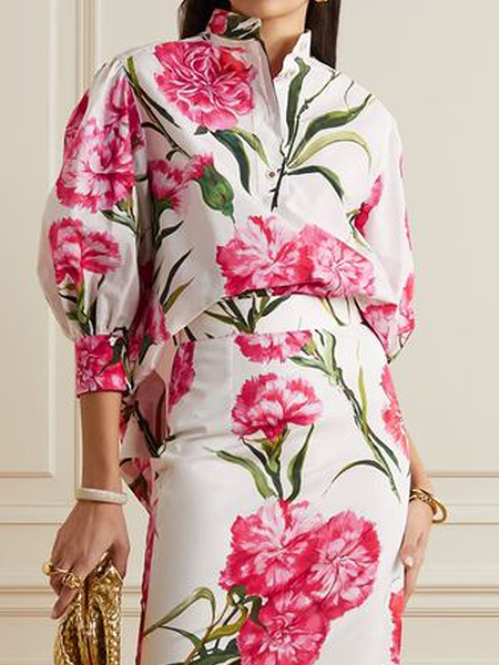 

Loose Floral Elegant Stand Collar Short Sleeve Blouse, As picture, Blouses and Shirts