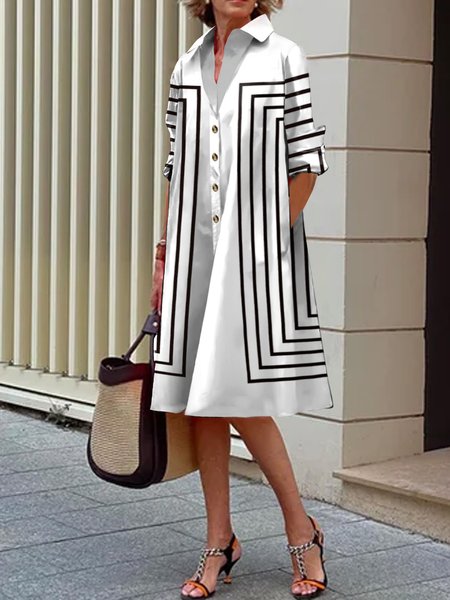 

Loose Urban Printing Shirt Collar Dress, As picture, Midi Dresses