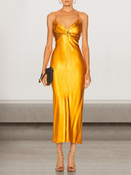 

Women Plain V Neck Sleeveless Comfy Sexy Maxi Dress, Golden, Dinner dress