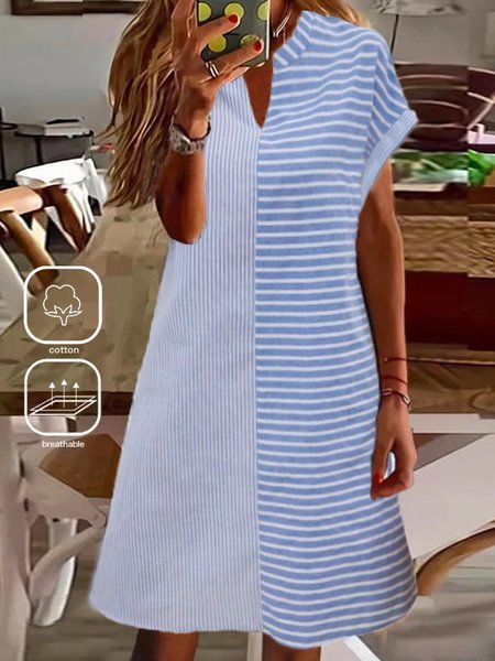 

Notched Casual Loose Striped Dress With No, Blue-white, Midi Dresses