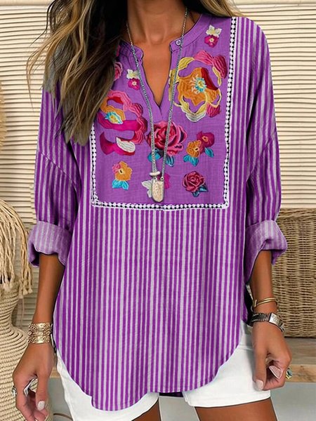 

Notched Long Sleeve Striped Regular Loose Shirt For Women, Purple, Blouses