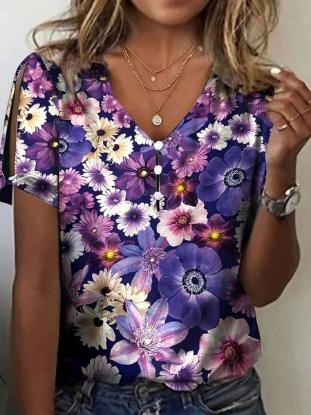 

Casual Floral V Neck Short Sleeve T-shirt, Purple, T-shirts