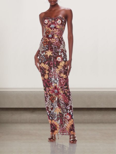 

Women Floral Strapless Sleeveless Comfy Sexy Maxi Dress, Red, Dinner dress