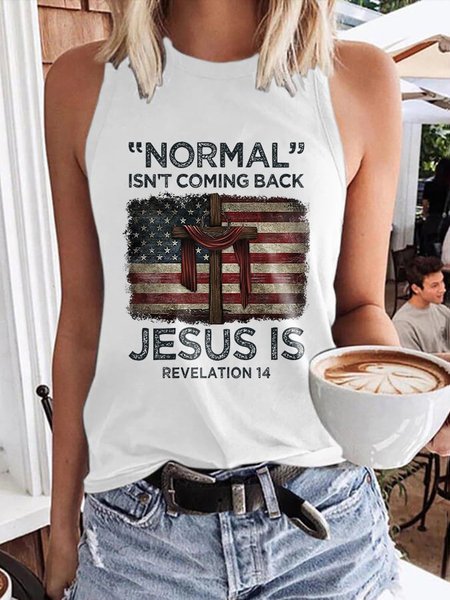 

Casual Crew Neck Letter Pattern Tank Top, White, Tanks & Camis