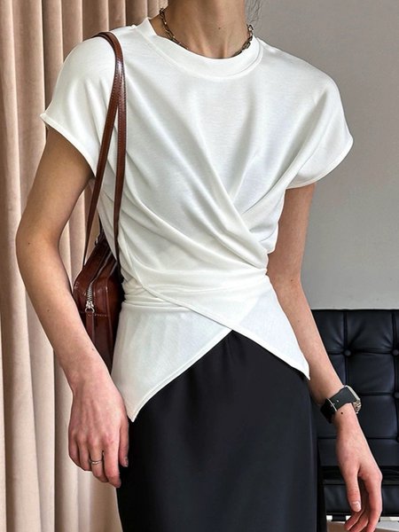

Urban Daily Crew Neck Cross Plain Shirt, White, Blouses and Shirts