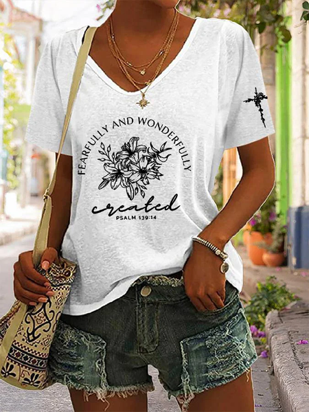 

Casual Text Letters V Neck Short Sleeve T-shirt, White, T-shirts