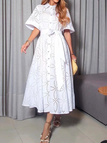 

Loose Elegant Shirt Collar Short Sleeve Midi Dress With Belt, White, Midi Dresses