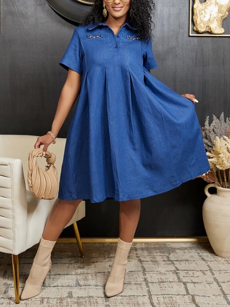 Loose Shirt Collar Short Sleeve Casual Denim Dress, Denim blue, Midi Dresses