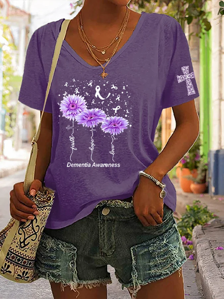 

Casual Floral V Neck Short Sleeve T-shirt, Purple, T-shirts