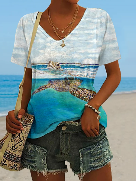

Casual Turtle V Neck Short Sleeve T-shirt, Multicolor, T-shirts