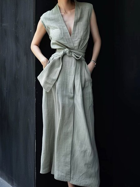 

Regular Fit Daily Plain V Neck Dress With Belt, As picture, Maxi Dresses