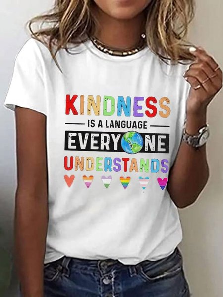 Casual Letter Pattern Crew Neck Short Sleeve T-shirt, White, T-shirts