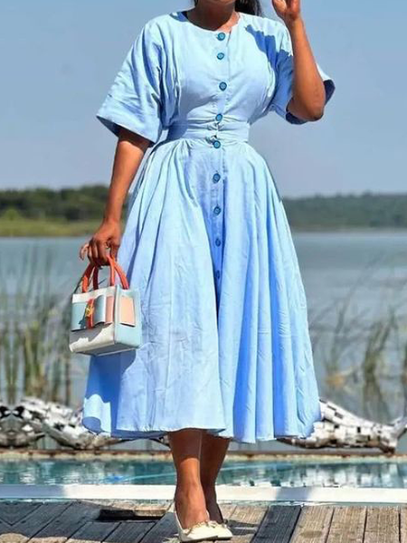 

Plain Elegant Crew Neck Short Sleeve Regular Fit Dress, Blue, Maxi Dresses