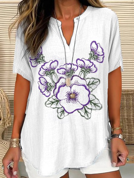 

Notched Short Sleeve Floral Regular Loose Shirt For Women, White, Blouses
