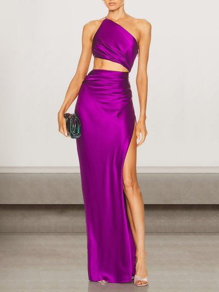 

Women Plain One Shoulder Sleeveless Comfy Sexy Maxi Dress, Purple, Dinner dress