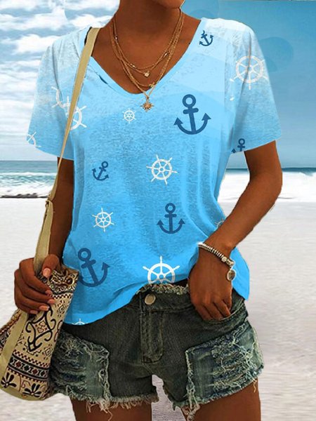 

Casual Anchor V Neck Short Sleeve T-shirt, Blue, T-shirts
