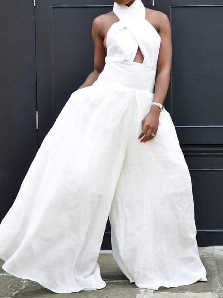 Plain Regular Fit Vacation Halter Jumpsuit, White, Jumpsuits