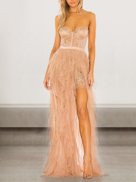 

Women Plain Strapless Sleeveless Comfy Sexy Maxi Dress, Pink, Dinner dress