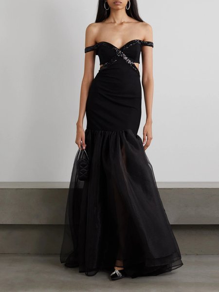 

Women Plain Off The Shoulder Sleeveless Comfy Sexy Maxi Dress, Black, Dinner dress