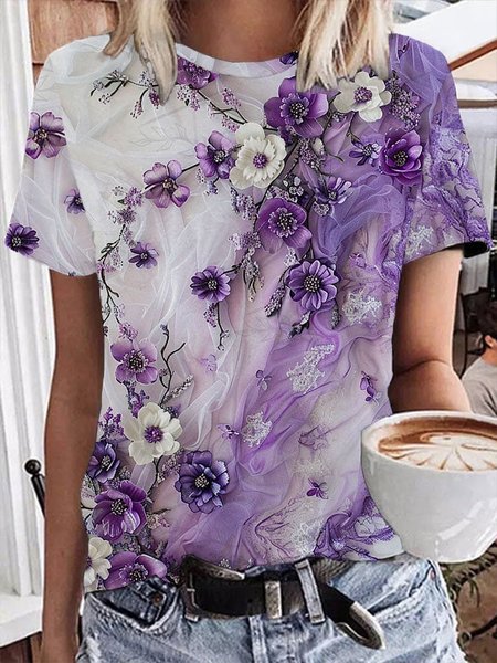 

Casual Floral Crew Neck Short Sleeve T-shirt, Purple, T-shirts