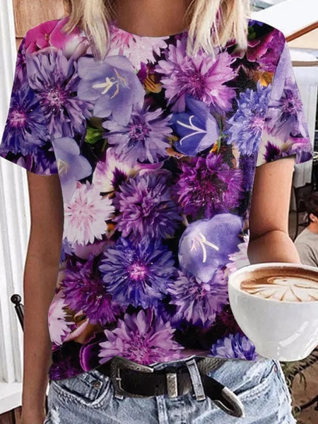 

Casual Floral Crew Neck Short Sleeve T-shirt, Purple, T-shirts