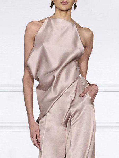

Elegant Regular Fit Halter Plain Tank Top, Light pink, Tanks and Camis