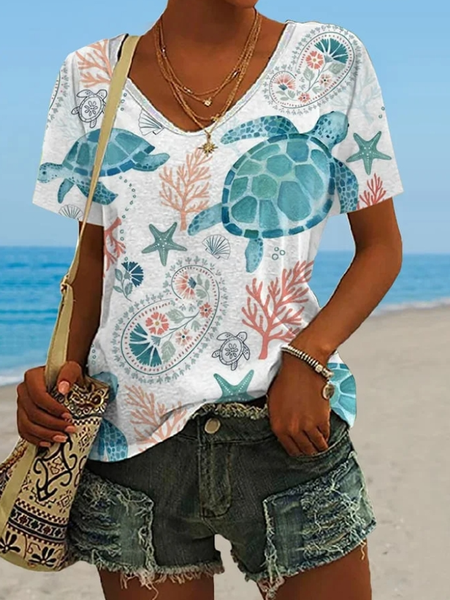 

Casual Plants V Neck Short Sleeve T-shirt, White, T-shirts