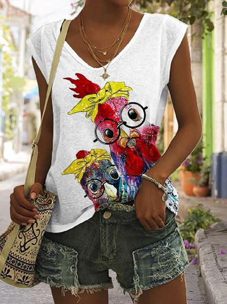 

Casual V Neck Animal Tank Top, White, Tanks & Camis