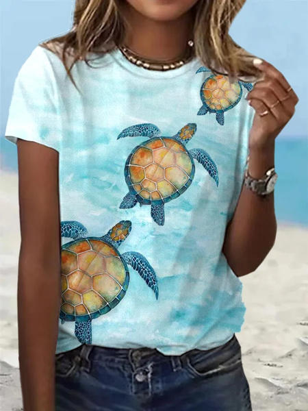 

Casual Turtle Crew Neck Short Sleeve T-shirt, Blue, T-shirts